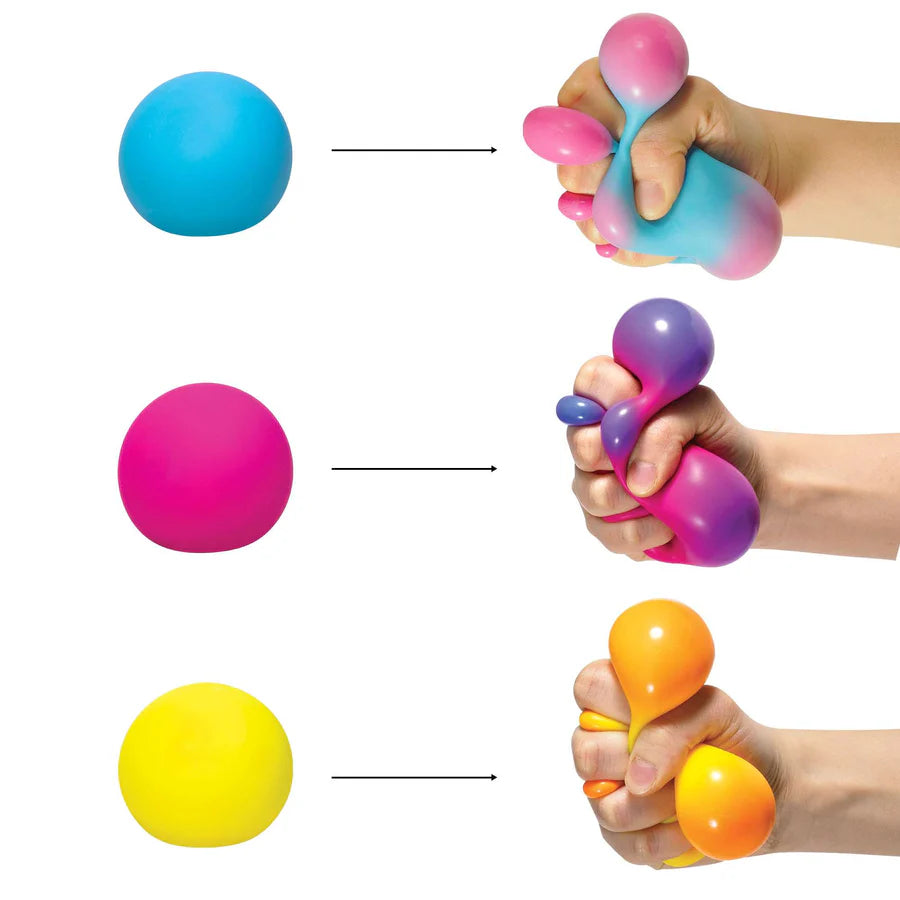 Three Nee Doh Colour Change balls shown before and after squeezing, revealing their hidden colours