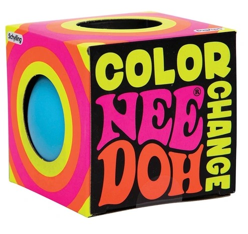 Blue Nee Doh Colour Change squish ball in its retro-style neon gift box
