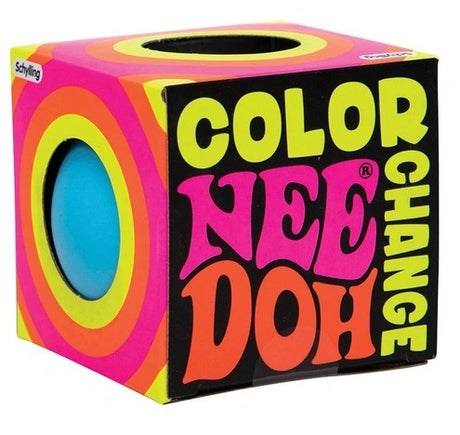 Blue Nee Doh Colour Change squish ball in its retro-style neon gift box
