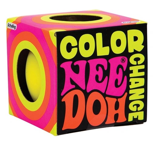 Yellow Nee Doh Colour Change squish ball in its retro-style neon gift box