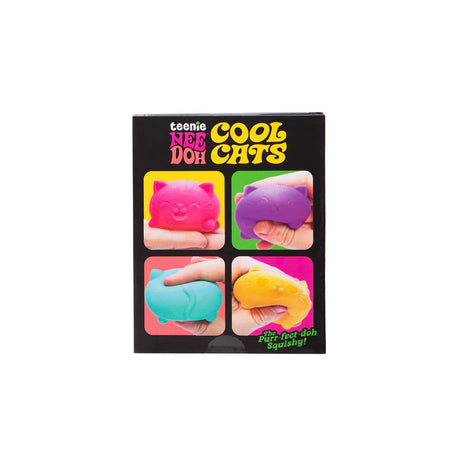 Back of the Nee Doh Teenie Cool Cats box showing each cat being squeezed in a hand