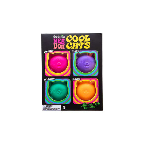 Front of the Nee Doh Teenie Cool Cats black gift box with all four cats in their windows
