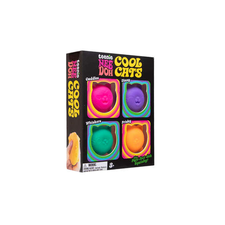 Side angle of the Nee Doh Teenie Cool Cats 4-pack black gift box showing all four named cats