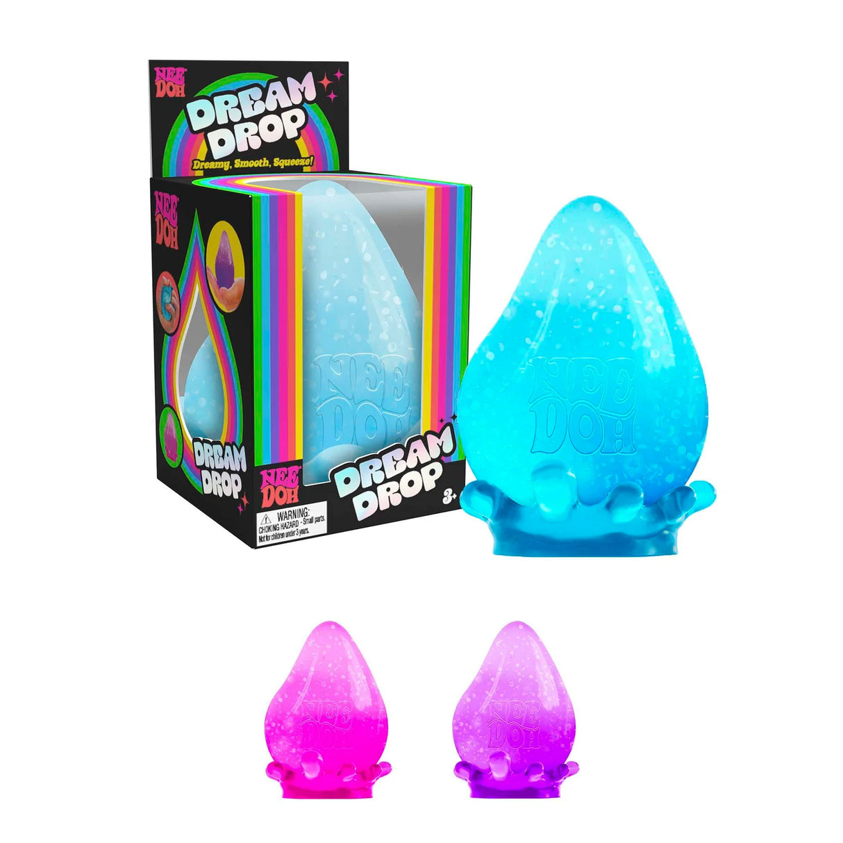 Blue Nee Doh Dream Drop standing upright beside its retail box with pink versions shown below