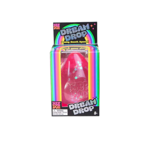 Pink Nee Doh Dream Drop glitter squishy displayed in its rainbow striped retail box