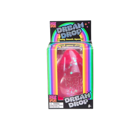 Pink Nee Doh Dream Drop glitter squishy displayed in its rainbow striped retail box