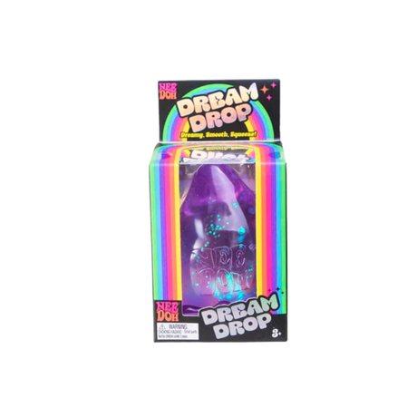 Purple Nee Doh Dream Drop glitter squishy displayed in its rainbow striped retail box