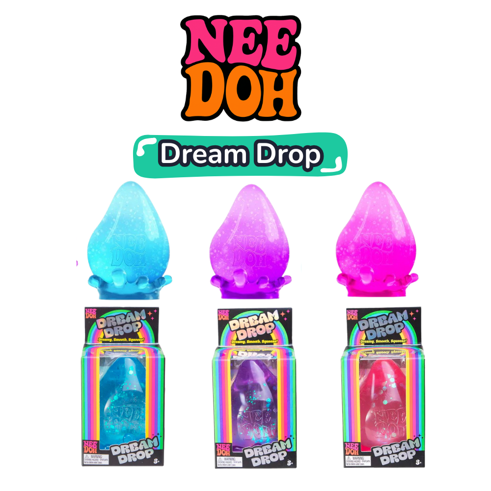 All three Nee Doh Dream Drop colours in blue, purple and pink shown with packaging