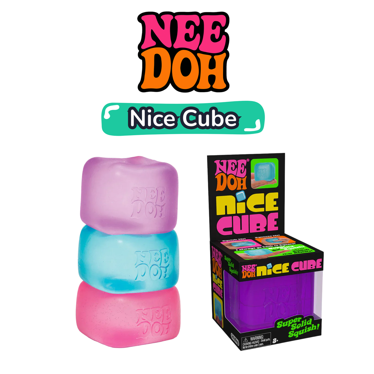 Nee Doh Nice Cube brand image showing stacked cubes and retail box with logo