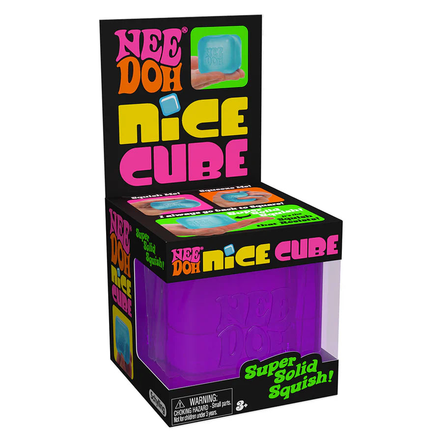 Purple Nee Doh Nice Cube displayed in its black retail box with Super Solid Squish branding