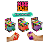 Nee Doh Nice Cube Swirl brand image showing three boxed cubes and squeeze action shots