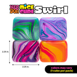 Four Nee Doh Nice Cube Swirl cubes in teal-green, blue-purple, pink-black and orange-red with size dimensions