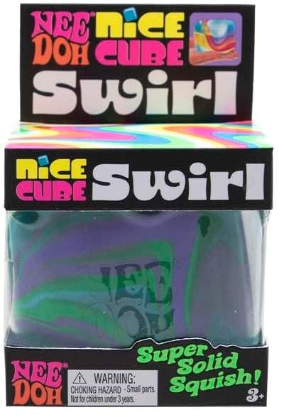 Green and purple swirl Nee Doh Nice Cube Swirl in its retail box
