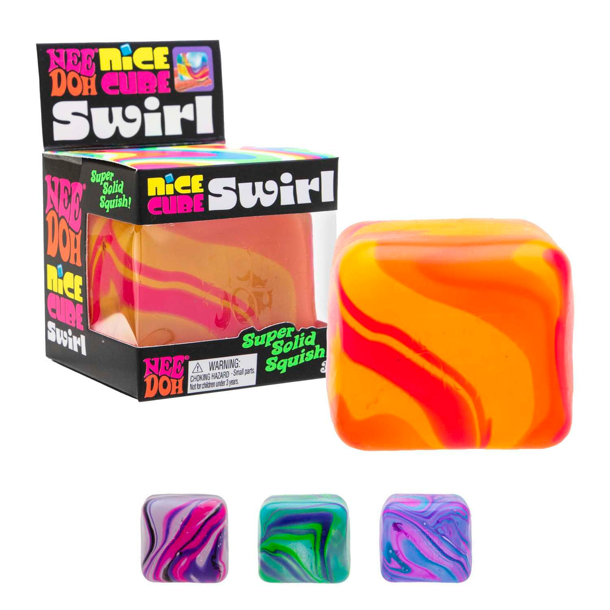 Orange swirl Nee Doh Nice Cube Swirl out of box beside packaging with three colourways shown below