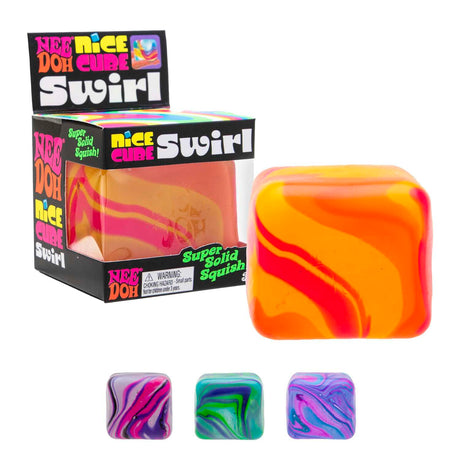 Orange swirl Nee Doh Nice Cube Swirl out of box beside packaging with three colourways shown below