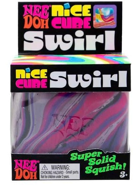 Pink and black swirl Nee Doh Nice Cube Swirl in its retail box