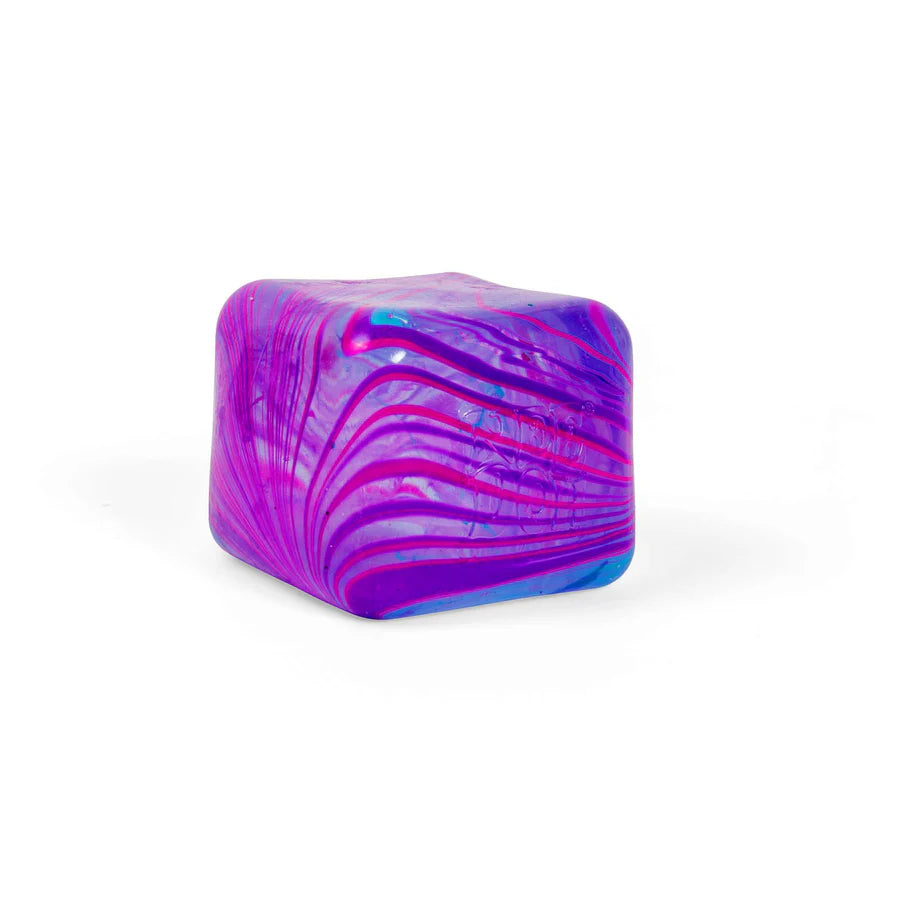 Purple and pink marbled Nee Doh Nice Cube Swirl on a white background