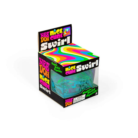 Teal and green swirl Nee Doh Nice Cube Swirl in retail box shown at an angle
