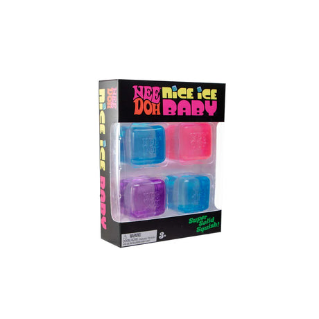 Side angle of the Nee Doh Nice Ice Baby 4-pack box showing all four translucent squishy cubes