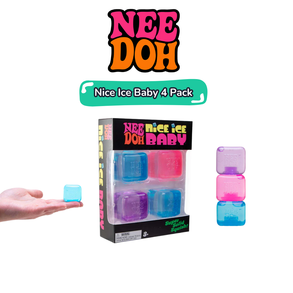 Nee Doh Nice Ice Baby 4-pack gift box with hand holding blue cube and stacked cubes beside it