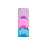 Three Nee Doh Nice Ice Baby squishy cubes stacked in purple, pink and blue