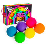 Six Nee Doh Rainbow Teenie squish balls displayed in front of their gift box on a transparent background
