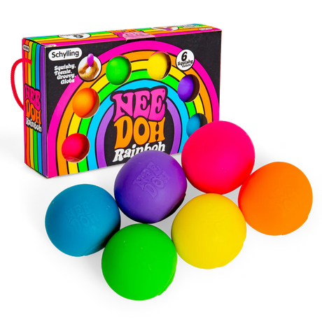 Six Nee Doh Rainbow Teenie squish balls displayed in front of their gift box on a transparent background
