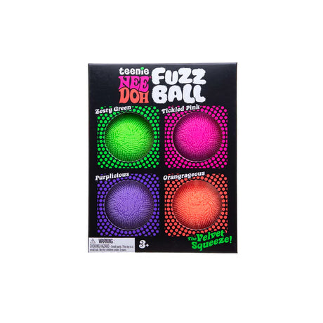 Front of the Nee Doh Teenie Fuzz Ball 4-pack black box showing all four coloured balls