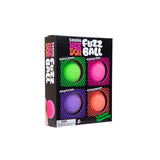 Left side angle of the Nee Doh Teenie Fuzz Ball 4-pack box with pink ball visible