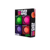 Right side angle of the Nee Doh Teenie Fuzz Ball 4-pack box with orange ball visible