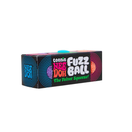 Front of the Teenie Nee Doh Fuzz Ball black retro gift box with three balls visible