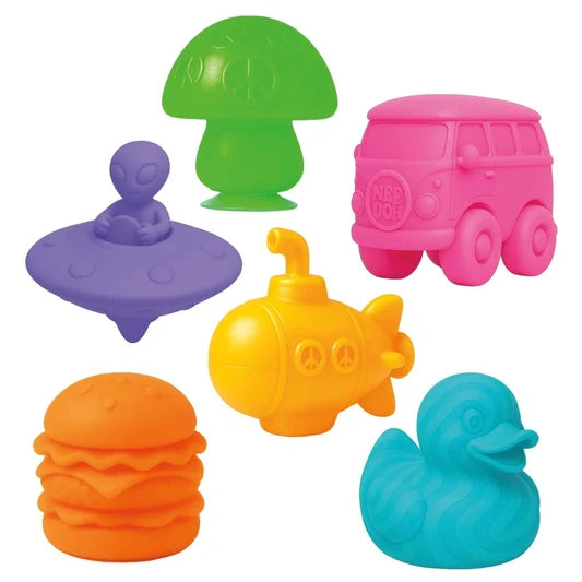Six mini NeeDoh squishy toy figures including mushroom, UFO, camper van and rubber duck shapes