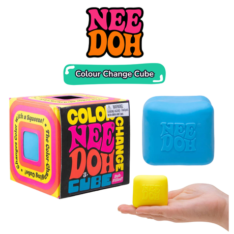 NeeDoh Colour Change Cube box with blue and yellow variants, sensory toy