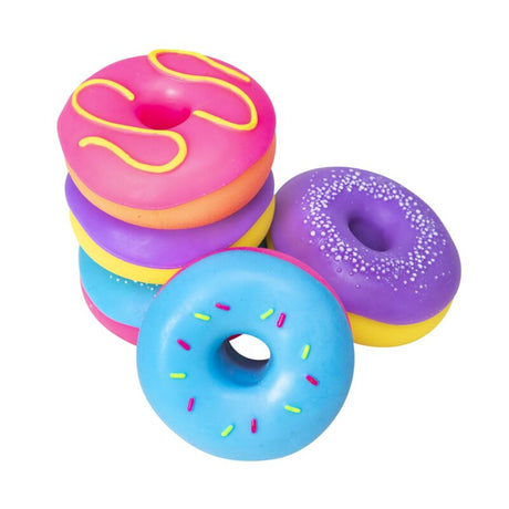Five NeeDoh Dohnuts in pink, purple and blue arranged in a stack and laid flat