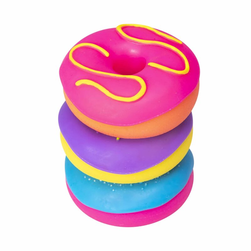 Four NeeDoh Dohnut squishy toys stacked in a tower in pink, purple and blue