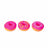 Three pink NeeDoh Dohnuts showing sprinkle, drizzle and pearl frosting designs
