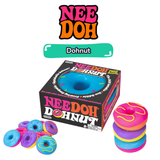 NeeDoh Dohnut squishy sensory toys in multiple colours shown alongside branded box