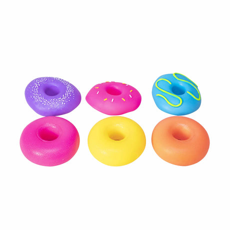 Six NeeDoh Dohnuts showing top frosting and plain base sides in pink, purple, blue, yellow and orange