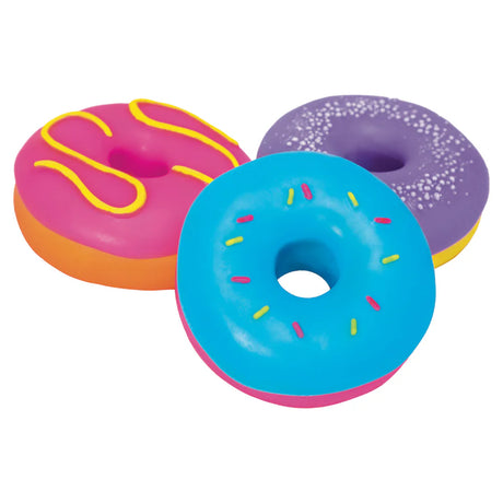 Three NeeDoh Dohnuts in pink, blue and purple angled to show frosting and base colours