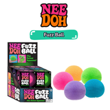 NeeDoh Fuzz Ball display box with five sensory balls in pink, orange, green, purple and blue
