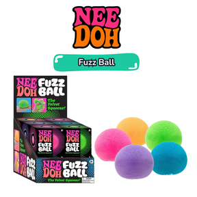 NeeDoh Fuzz Ball display box with five sensory balls in pink, orange, green, purple and blue