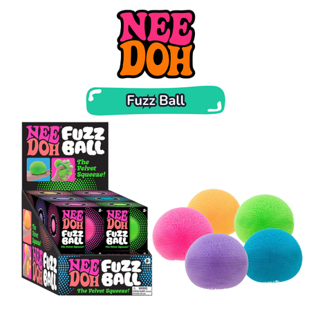 NeeDoh Fuzz Ball display box with five sensory balls in pink, orange, green, purple and blue