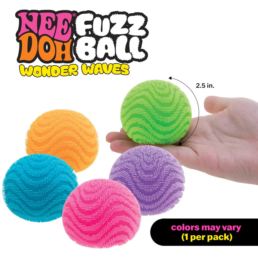Four NeeDoh Fuzz Ball Wonder Waves in orange, blue, pink and purple with hand showing 2.5 inch size