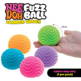 Four NeeDoh Fuzz Ball Wonder Waves in orange, blue, pink and purple with hand showing 2.5 inch size
