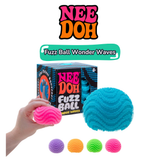 NeeDoh Fuzz Ball Wonder Waves sensory toys in multiple colours shown with branded box and hand holding pink version