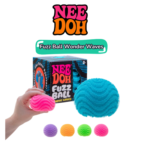 NeeDoh Fuzz Ball Wonder Waves sensory toys in multiple colours shown with branded box and hand holding pink version