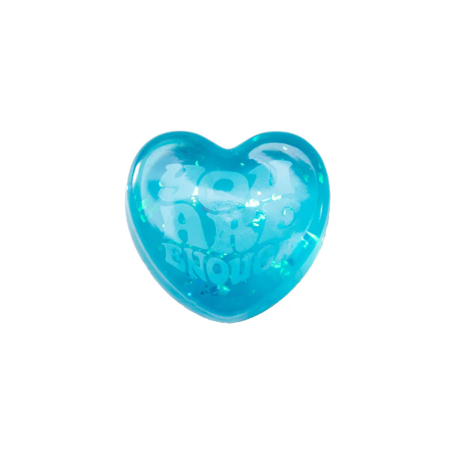Blue glitter Nee Doh Good Vibes Only squish heart with You Are Enough embossed message on white background