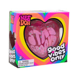 Pink Nee Doh Good Vibes Only Stay Groovy heart displayed in rainbow striped retail box