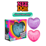Nee Doh Good Vibes Only product overview showing blue Peace heart in retail box alongside purple Love Yourself and pink Squeeze the Day hearts