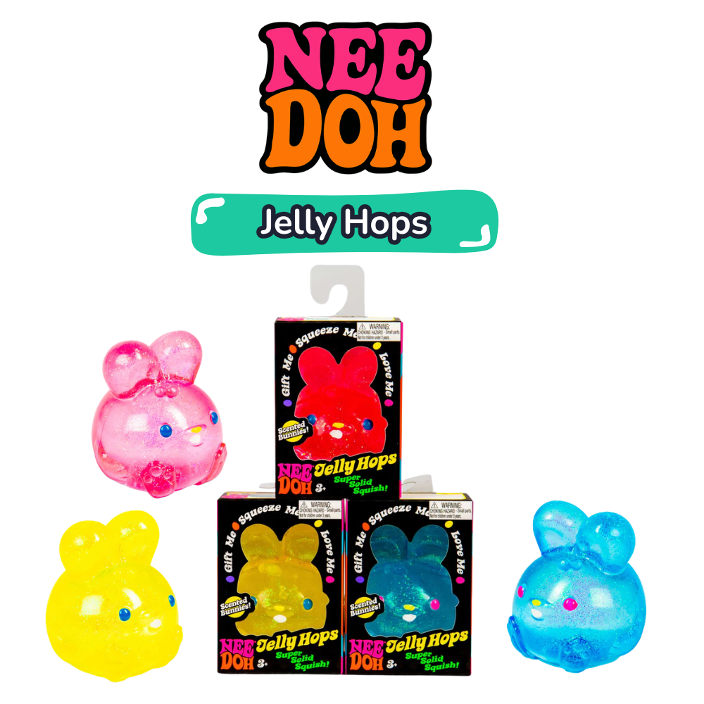NeeDoh Jelly Hops squish bunnies in pink, yellow and blue next to their retro black gift boxes